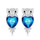 Owl Heart Shape Blue Zircon Silver Stud Earrings